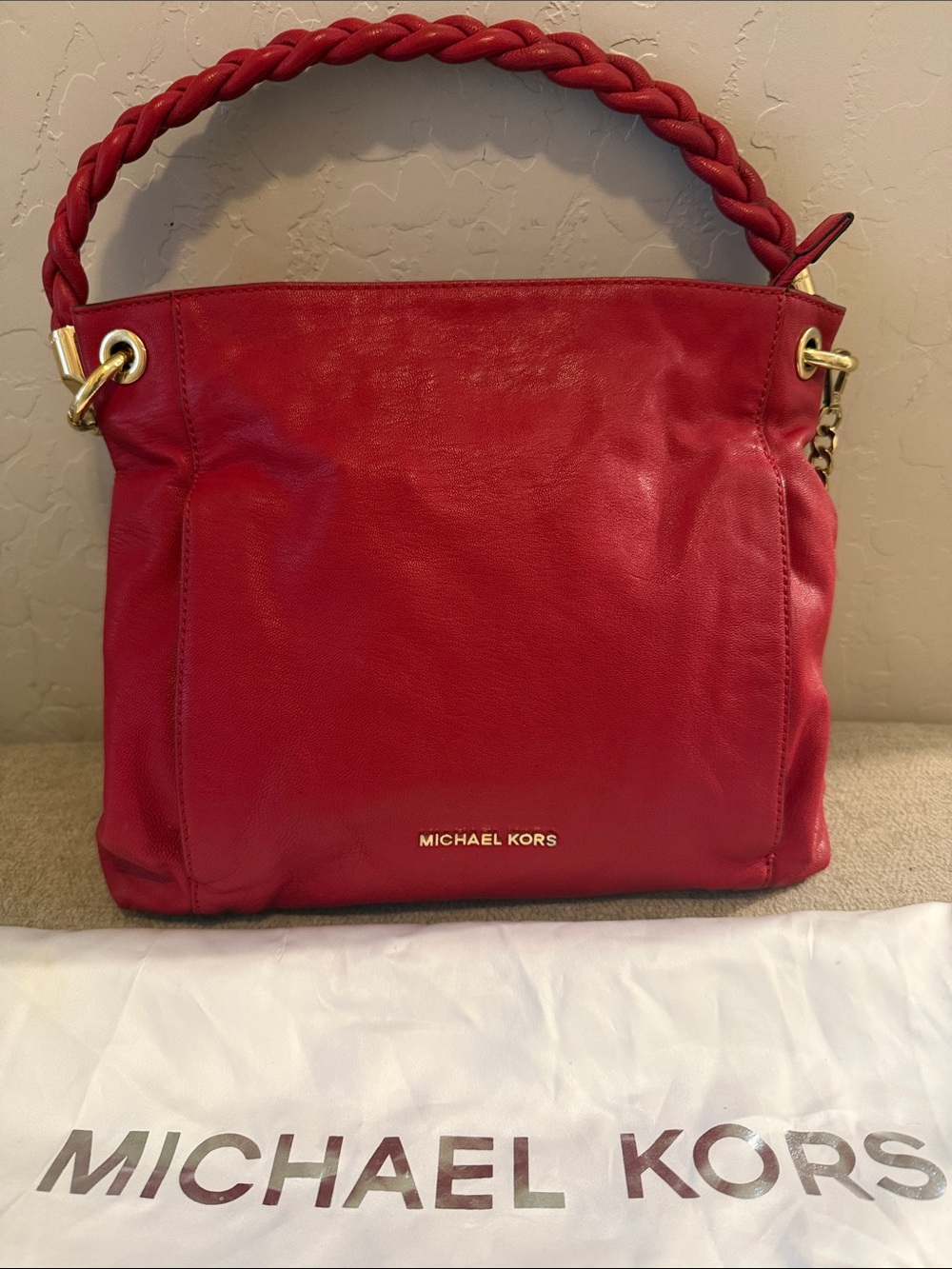 Michael Kors Red Braided-Handle Leather Shoulder Bag